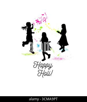 Sagome di bambini al festival Holi con colori. disegnato a mano. Non ai, illustrazione vettoriale Illustrazione Vettoriale
