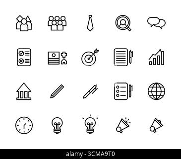 Set di 20 icone di line art, risorse umane, pianificazione della forza lavoro, benefici retributivi, governance aziendale, specializzazione, politiche, istruzione Illustrazione Vettoriale