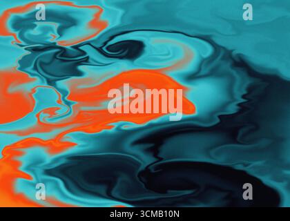 Grafica digitale astratta con forme fluide e vorticose in vivaci sfumature di blu e arancione. Le transizioni di colore uniformi creano un flusso dinamico con una h Foto Stock