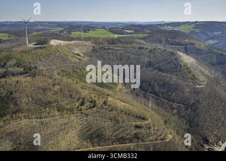 Foto aerea, turbine eoliche nella zona forestale con danni boschivi al di sopra di Obernahmerstrasse, Hohenlimburg, Hagen, regione della Ruhr, Renania settentrionale-Vestfalia, Germania Foto Stock