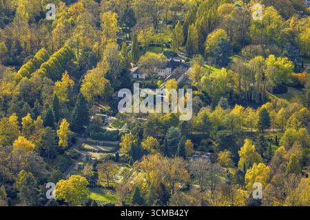 Vista aerea, cimitero sud, colori autunnali, Sodingen, Herne, zona della Ruhr, Renania settentrionale-Vestfalia, Germania, luogo di sepoltura, alberi colorati, alberi in autum Foto Stock