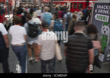 Viaggiatori che arrivano sul binario alla stazione centrale di Monaco, Movement, Monaco, Baviera, Germania Foto Stock