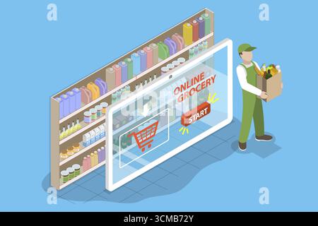 Illustrazione piatta isometrica 3D di negozio di alimentari online, supermercato Foto Stock