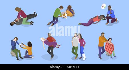 Illustrazione piatta isometrica 3D di pronto soccorso medico, procedure di emergenza e scenari di soccorso Foto Stock