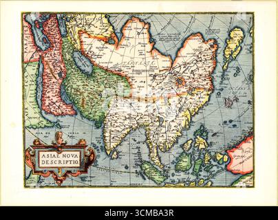 Mappa dell'Asia, 1570, di Abraham Ortelius (1527–1598), cartografo e geografo fiammingo, raffigurante il continente con conoscenza geografica dell'era rinascimentale. Foto Stock