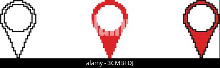 Set di icone Pixel Art (Pixel Art) della posizione della mappa. Raccolta di simboli di navigazione, GPS e geolocalizzazione. Mappatura digitale e guida di viaggio. Vettore isolato Illustrazione Vettoriale