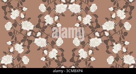 Motivo vintage senza cuciture con fiori di rosa monocromatici disegnati a mano su sfondo marrone Illustrazione Vettoriale