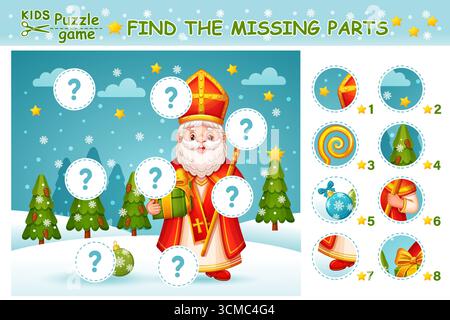 Trova i pezzi mancanti immagine di San Nicola Sinterklaas, abbina le parti. Puzzle game educativo per bambini. Giorno di festa di San Nicola. Vettore di attività di apprendimento dei bambini Illustrazione Vettoriale