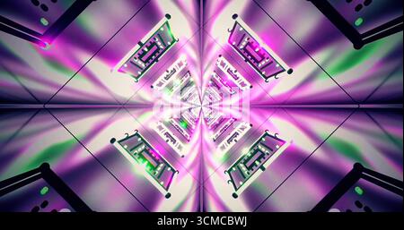 Il vivace design a tunnel presenta fantasie vorticose di luci viola, verdi e blu. Le forme simmetriche creano un ambiente digitale surreale Foto Stock