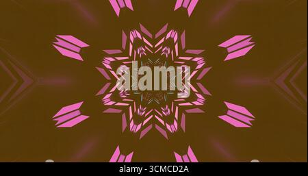 Un vivace design geometrico presenta forme rosa che si irradiano da un punto centrale su uno sfondo marrone scuro, creando un effetto visivo ipnotico. La p Foto Stock