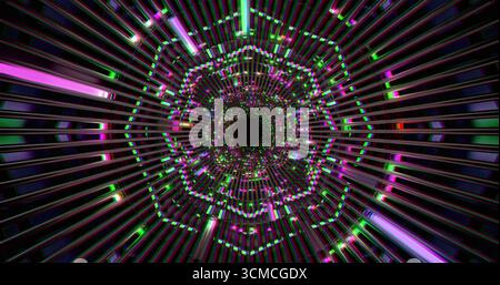 Un tunnel colorato pieno di luci brillanti e brillanti crea un'illusione di profondità. Linee verdi, rosa e viola si irradiano dal centro, evocando un Foto Stock