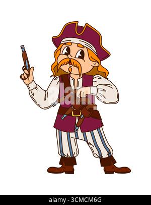 Personaggio cartoni animati del pirata europeo e del marinaio corsaro con cappello da capitano e pistole posa gioiosamente. Vector Groovy allegro e avventuroso personaggio di y2k rover indossa camicia a filigrana e pantaloni a righe Illustrazione Vettoriale