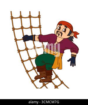 Il personaggio solitario della nave marinaio dei cartoni animati dei Caraibi si arrampica su una scala di corda, indossando una bandana rossa e un classico abbigliamento da swashbuckler. Divertente personaggio vettoriale corsaro che naviga nell'oceano per l'avventura Illustrazione Vettoriale