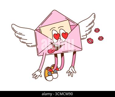 Il personaggio di San Valentino, che vola con il cuore negli occhi. Messaggio d'amore romantico a fumetti retrò per festeggiamenti e saluti Illustrazione Vettoriale