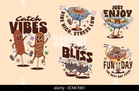 Simpatici personaggi della cucina coreana con adesivi retrò e stampe di magliette asiatiche. Carino piatto di ramen vettoriale, granturco, sushi roll kimbap e piatti di zuppa hippie sobrie personaggi adesivi Illustrazione Vettoriale