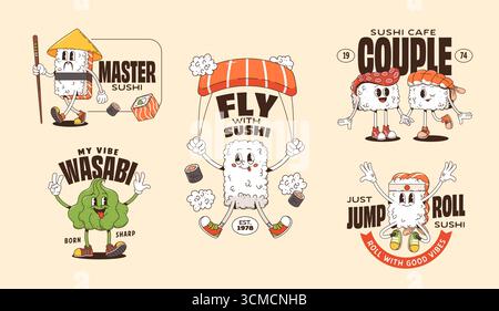 Sushi e roll giapponesi, adesivi, stampa t-shirt e poster. Set vettoriale di cartoni animati stravaganti piatti asiatici personaggi retrò y2k abbinati a divertenti slogan per la promozione del ristorante o il menu Illustrazione Vettoriale