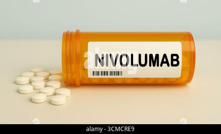 Scatola di compresse NIVOLUMAB su un tavolo della farmacia ospedaliera usato per trattare il cancro un inibitore del checkpoint PD1 immunoterapia. Foto Stock