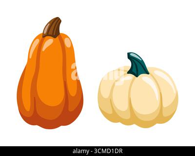 Zucche vettoriali cartoni animati in stile autunnale. Illustrazione vettoriale isolata su sfondo bianco. Illustrazione Vettoriale
