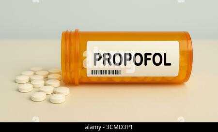 Scatola di compresse di PROPOFOL su un tavolo di farmacia ospedaliera utilizzato per l'anestesia generale un anestetico endovenoso. Foto Stock