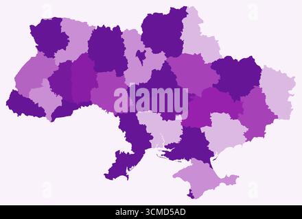 Mappa dell'Ucraina con le regioni. Solo una semplice mappa di confine con la divisione della regione. Tavolozza dei colori viola. Illustrazione Vettoriale