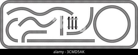 Set di segmenti di giocattoli per la ferrovia per bambini. Elementi ferroviari stradali nella vista dall'alto. Binari ferroviari rettilinei, curvi e ondulati, telaio rotondo isolato su bianco Illustrazione Vettoriale