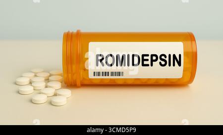 Scatola di compresse di ROMIDEPSIN su un tavolo della farmacia ospedaliera usato per trattare il linfoma cutaneo a cellule T un inibitore dell'istone deacetilasi. Foto Stock