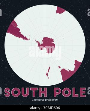 Polo Sud. Mappa del mondo. Proiezione gnomonica centrata al Polo Sud. Pallido Mint Dark Pink (Rosa scuro). Texture vintage. Illustrazione vettoriale creativa. Illustrazione Vettoriale