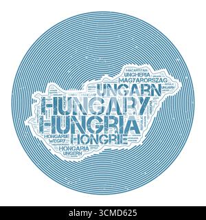 Immagine vettoriale Ungheria. Design del logo rotondo del paese. Poster ungherese con archi circolari e nuvole di parole. Illustrazione vettoriale di classe. Illustrazione Vettoriale