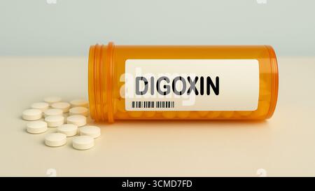 Scatola di compresse di DIGOSSINA su un tavolo della farmacia ospedaliera usato per trattare l'insufficienza cardiaca e le aritmie un glicoside cardiaco. Foto Stock