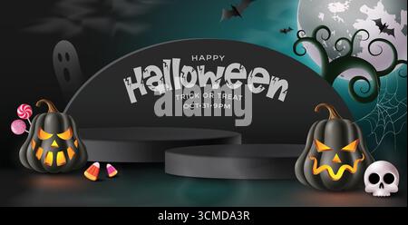 Modello natalizio di Halloween con zucche scintillanti, caramelle, fantasma spettrale, pipistrelli, teschio, e spaventosa notte illuminata dalla luna. Ideale per biglietti vacanza, trucchi o dolcetti Illustrazione Vettoriale
