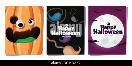 Set di cartoline e poster di Halloween con simpatica faccia di zucca, pipistrelli, luna e scritte spaventose. Ideale per i saluti di stagione, i volantini delle feste, gli inviti, l'invito, l'omaggio Illustrazione Vettoriale