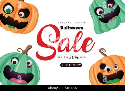 Vendita di Halloween con zucche colorate intagliate, visi spaventosi, testi di VENDITA di Halloween e sconti fino al 30%. Perfetto per la stagione Illustrazione Vettoriale