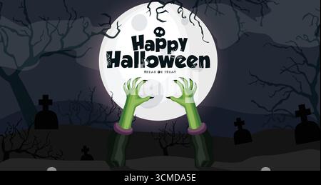 Spaventoso sfondo vettoriale di Halloween con luna, mani zombie, cimitero e testo di saluto. Ideale per inviti a feste, poster horror, banner, stagione Illustrazione Vettoriale