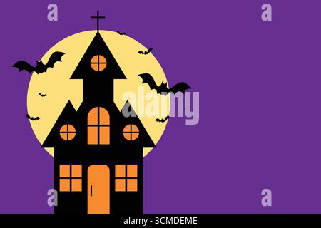 Illustrazione di una spaventosa atmosfera di Halloween con questa silhouette infestata contro una luna luminosa, ideale per carte, inviti e disegni stagionali. Illustrazione Vettoriale