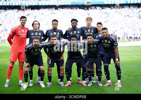 San Sebastian, Spagna. 13 settembre 2025. I giocatori del Real Madrid posano prima della Liga EA Sports match tra Real Sociedad e Real Madrid alla reale Arena. Punteggio finale Real Sociedad 1 : 2 Real Madrid (foto di Gokhan Taner/SOPA Images/Sipa USA) credito: SIPA USA/Alamy Live News Foto Stock