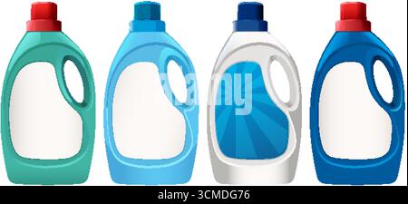 Quattro flaconi di detergente in plastica in vari colori, stile vettoriale pulito, isolati su sfondo bianco Illustrazione Vettoriale