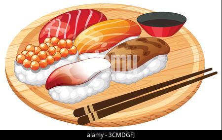 Illustrazione vettoriale in alto di cinque pezzi di sushi nigiri con uova di pesce, salsa di soia e bacchette. Illustrazione Vettoriale
