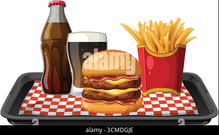 Vivace cartone vettoriale di doppio cheeseburger, patatine fritte e bibite gassate su vassoio a scacchi, isolato. Illustrazione Vettoriale
