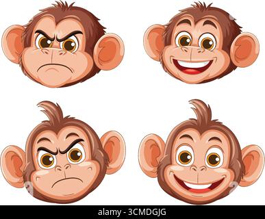 Vettore cartoni animati della testa di scimmia con contorni audaci, che mostra più espressioni facciali in colori vivaci. Illustrazione Vettoriale