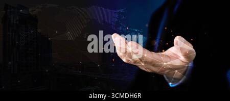 Un uomo d'affari con linee di rete digitali e punti luminosi, mappa del mondo in background, simbolo della tecnologia globale, dell'innovazione, della connessione dati, Foto Stock