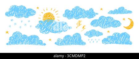 Matita pastello nuvola. Elementi delle previsioni del tempo disegnati da pastello colorato. Consistenza infantile. Illustrazione vettoriale disegnata a mano Illustrazione Vettoriale