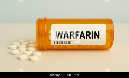 Scatola di compresse DI WARFARIN su un tavolo della farmacia dell'ospedale usato per prevenire coaguli di sangue un anticoagulante. Foto Stock
