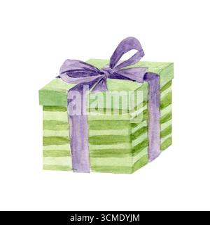 Confezione regalo verde a righe, legata con un nastro viola e un fiocco. Illustrazione acquerello isolata su bianco. Perfetto per Natale, Capodanno, compleanno Foto Stock