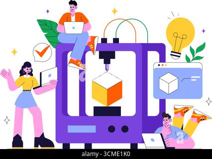 Illustrazione vettoriale del workshop sulla stampa 3D che illustra un processo di fabbricazione innovativo con apparecchiature di modellazione desktop e computer per la stampa Illustrazione Vettoriale