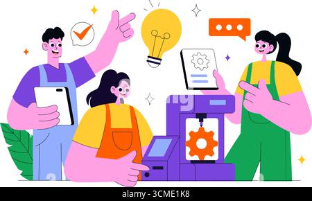 Illustrazione vettoriale del workshop sulla stampa 3D che illustra un processo di fabbricazione innovativo con apparecchiature di modellazione desktop e computer per la stampa Illustrazione Vettoriale