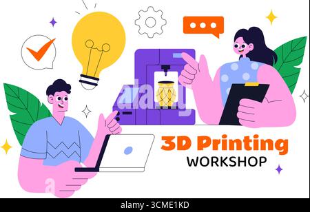 Illustrazione vettoriale del workshop sulla stampa 3D che illustra un processo di fabbricazione innovativo con apparecchiature di modellazione desktop e computer per la stampa Illustrazione Vettoriale