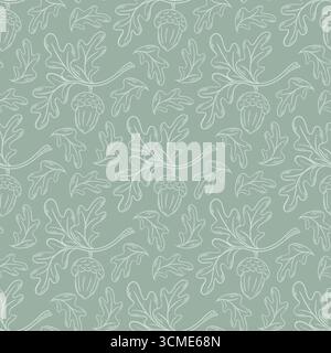 Motivo senza cuciture con ghiande e fogliame su sfondo verde. Stampa foresta naturale con frutti di quercia. Tessuto, tessuto, imballaggio, carta Illustrazione Vettoriale