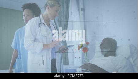 Medico donna che esamina i dati del paziente in stanza d'ospedale, con stetoscopio tablet e fiori Foto Stock