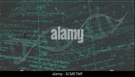 Visualizzazione ondulata dell'elica DNA nell'interfaccia dati, con sovrapposizione griglia, flussi di codice e diagrammi Foto Stock