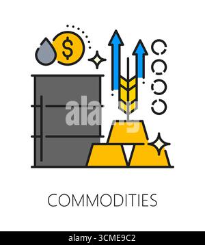 Materie prime di investimento, icona o simbolo della linea colore finanziaria. Icona o pittogramma vettoriale del profilo commerciale globale. Simbolo della linea sottile dell'attività di investimento di materie prime con botte d'olio, barra d'oro e orecchie di grano Illustrazione Vettoriale